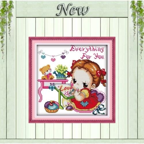 Confessions of love girl baby cartoon painting Cross Stitch Embroidery Set DMC 14CT 11CT Counted print on canvas Needlework kits