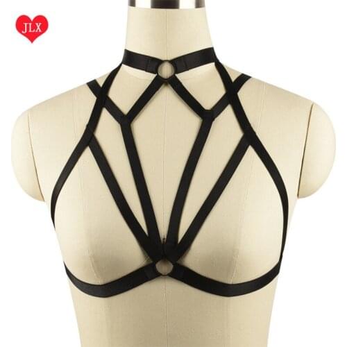 New women bandeau crop top Sexy body harness Bra charm suspender black Adjust size Open Cage bra harness belt Funny hand made