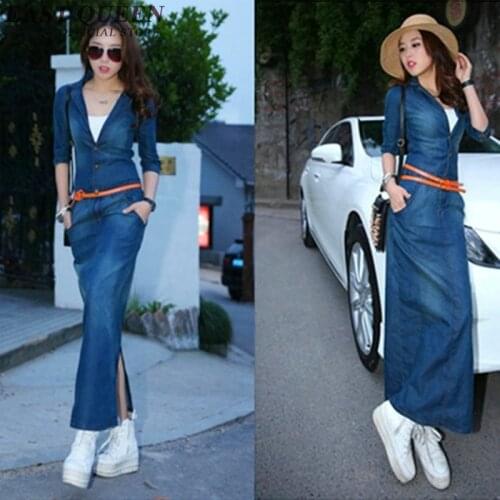 Half Sleeve Casual Denim Maxi Dress Vestidos One-piece Cowboy Women Jeans Dress V-Neck Long Denim Dress NN0489 CE