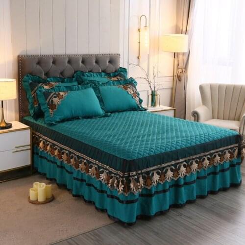 Luxury green Solid Color cotton Quilting Lace Bed Skirt cotton Bedspread Bed Sheet Bed Cover Pillowcase Bedding Set