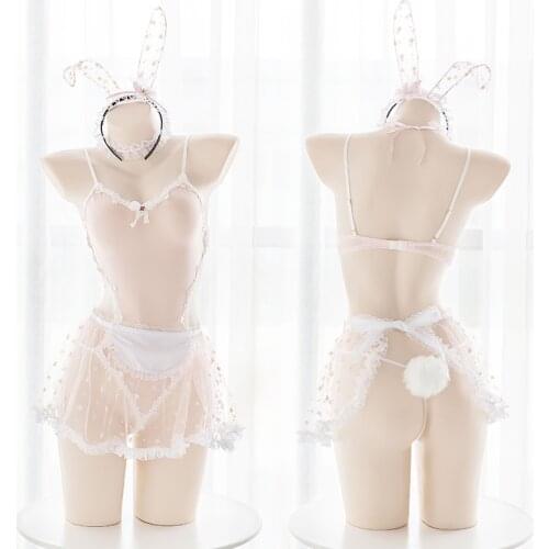 Super Fairy Sexy Bunny Suit Anime Rabbit Cosplay Lingerie One Piece Perspective Bodysuit With Hearwear Maid Apron Cow Costume
