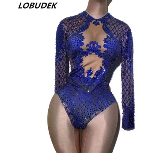 Vintage Printed Blue Rhinestones Bodysuit Long Sleeve Skinny Acrobatic Performance Leotard Bar Nightclub DJ Pole Dancing Costume