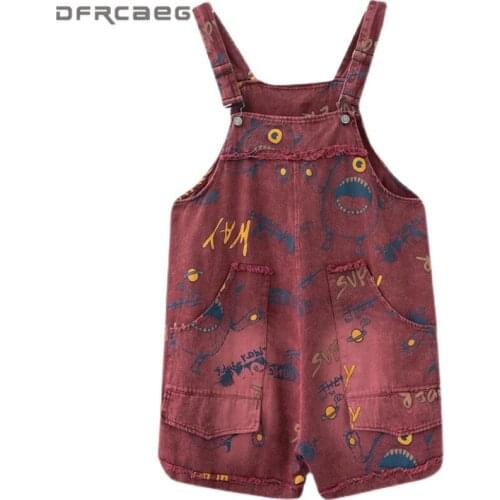 Retro Letter Print Short Denim Rompers Womens Jumpsuit 2021 Summer Loose Overalls Female Washed Jeans Overall Wide Leg Pants