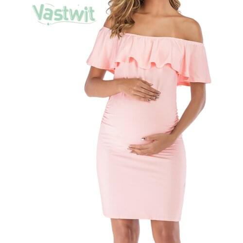 Summer Pregnant Women Ruffle Off Shoulder Dress Maternity Ruched Sides Dress Pregnancy Elegant Bodycon Dresses for Baby Shower