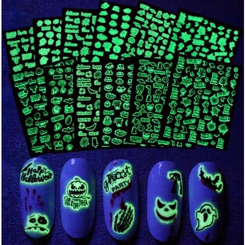 1 pcs Luminous Halloween 3D Nail Stickers Decals Sliders Glow In The Dark Pumpkin Ghost fire Nails Art Decoration