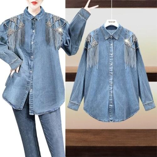 Blusas Sale Cotton Turn-down Collar Full Casual Blusa Plus Size 2020 Spring New Ladies Shirt Handmade Beaded Tassel Loose Long