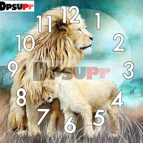 Dpsupr 5D Diamond Painting Animal Lion Kit With Clock Mechanism stitch Full Square/Round Diamond Embroidery Mosaic Home Gift