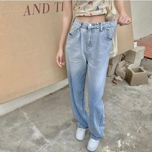 Elegant Jeans Womens Gradient Adjustable Waist Jeans Loose Wide Leg Pants High Waist Straight Long Pants Casual Harajuku