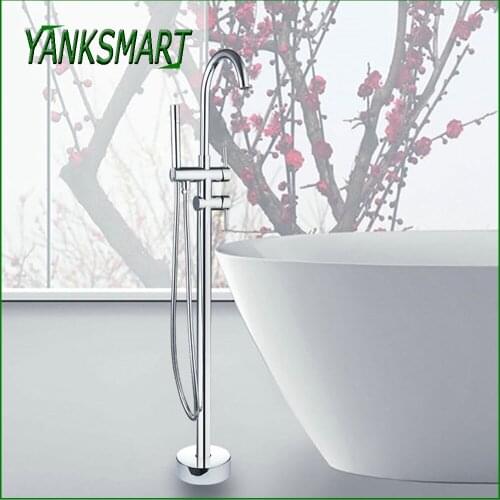 YANKSMART Chrome Polished Floor Stand Mounted Swivel Spout Bathroom Faucet Set Double Handles Bathtub Basin Sink Mixer Tap