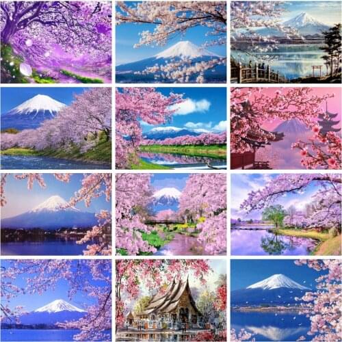 HUACAN 3D Diamond Painting Landscape Mountain Cross Stitch Diamond Embroidery Cherry Blossoms Rhinestone kit Home Decoration