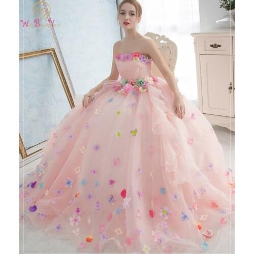 Colorful Quinceanera Dresses Pink Flowers 2021 Ball Gown Strapless Pleat Tulle Ruffles 15 years Long Floor Length Party Gowns