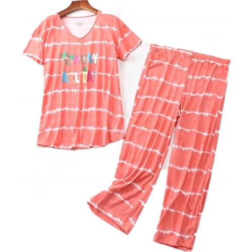 Summer Female Casual Striped Pajama sets Ladies 100% Cotton Sleepwear suit Women Short Sleeve t shirt & Calf-Length Pants XXXL