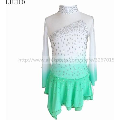 Figure Skating Dress Womens Girls' Ice Skating Dress Stand collar long sleeve White light green gradient color Rhinestone