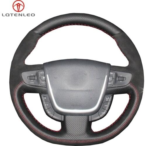 LQTENLEO Black Genuine Leather Suede Hand-stitched Car Steering Wheel Cover For Peugeot 508 2011-2018 508 SW 2011-2018