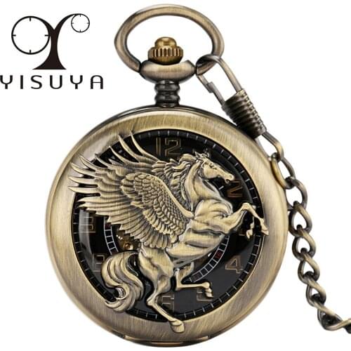 Antique Bronze Flying Horse Half Hunter Mechanical Pocket Watch Arabic Numerals Display Hand Winding Mechanism Pendant Clock