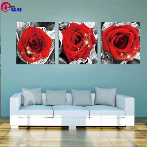 3PCS Romantic Rose Flowers Wall Pictures Modern Diamond Painting Home Decoration Wall Art Decor for Bedroom Triptych