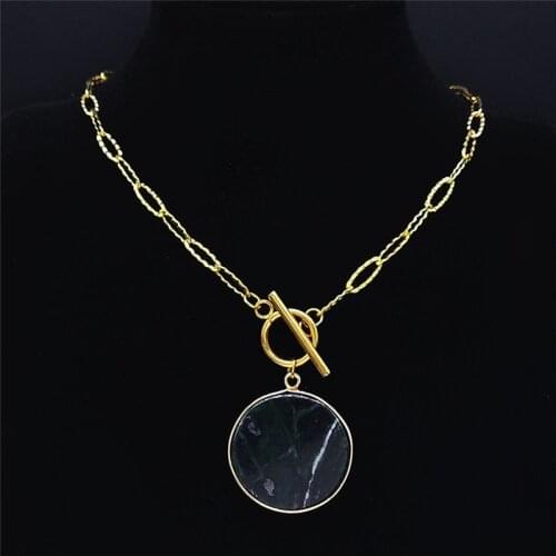 Black Stone Stainless Steel Pendant Necklace Women Round Gold Color Choker Necklace Jewelry acero inoxidable joyeria NXS04