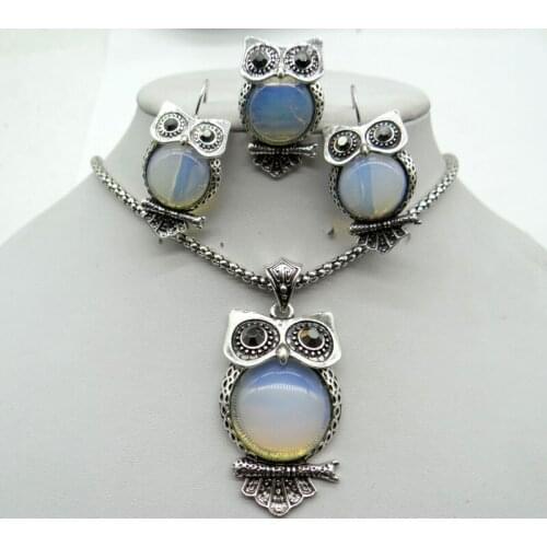 Natural stone Quartz Crystal Turquoises Opal Abalone shell owl pendant for diy Jewelry making Ring necklace set A11