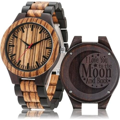 I Love You To The Moon And Back Full Wooden Wristwatch Low-Key Fashion Man Quartz Dial Safe Folding Buckle Best Gift For Husband