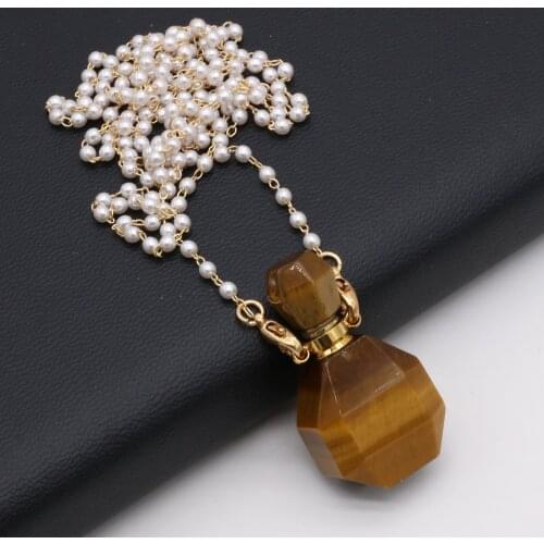 80cm Natural Essential Oil Diffuser Perfume Bottle Plus Glass Pearl Chain Tiger Eye Stone Necklace for Women Accessories Gift