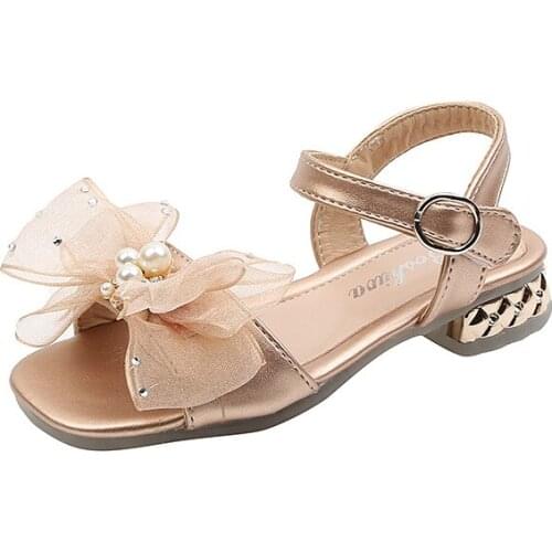 Girls' sandals fashion sweet princess childrens sandals high-heeled bow lace with rhinestones childrens beach shoes summer
