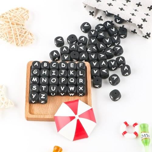 Sunrony 100pcs 12mm Black Silicone Alphabet Letter Beads Baby Teething Pacifier Chain Silicone Baby Teether BPA FREE
