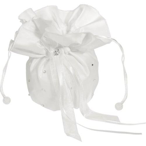 Bridal Bridesmaid Rhinestone Pearl Decorated Satin Dolly Bag Handbag (Milk White)