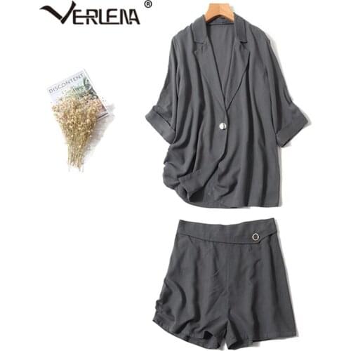 Verlena 2019 Chic Loose Silk Two Piece Set Women Korean Style Three Quarter Sleeve Notched Blazer with Elatic Waist Short Pants