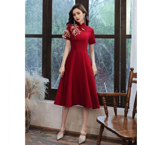 Vintage Improved Chinese Style Slim Cheongsam A-Line Mid-Length Toast Clothing Prom Party Dresses