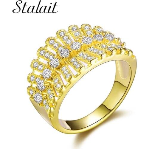 Top Quality Brand Gold Color Ring Luxury Pave Setting Full Zircon Exaggerate Rings Women Lady Jewelry Party Gift