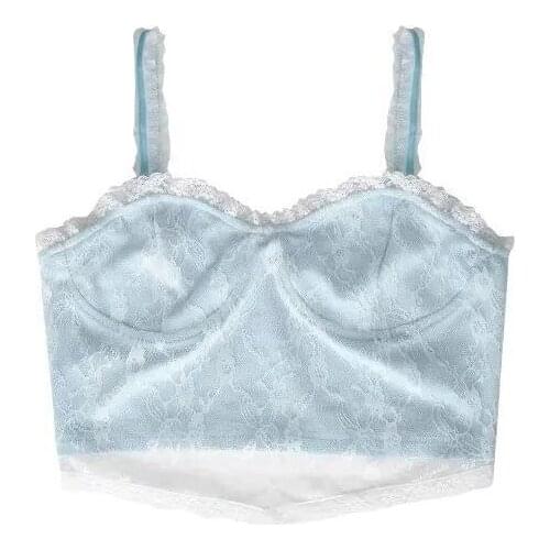 Japanese tank top vest clothes lace navel blue sweet kawaii short top summer corset top outer wear base Harajuku Korean indie