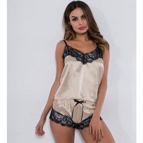 Women Sexy Lace Mesh Pajamas Summer Spaghetti Strap V-Neck Sleeveless Nightwear Suits Female Sweet Solid Home Sleepwear Set