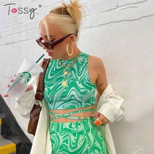 Tossy Printed Two Piece Set For Women 2021 Summer O-neck Sleeveless Slim Camis Midi Waist Drawstring Short Pants Casual Outfits