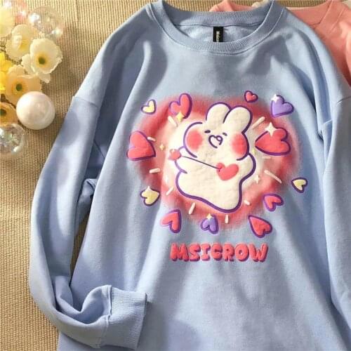 Harajuku Pink Rabbit Kawaii Cartoon Sweatshirt Women Long Sleeve Tops 2021 New Streetwear Korean Winter Fashion Teens Clothes