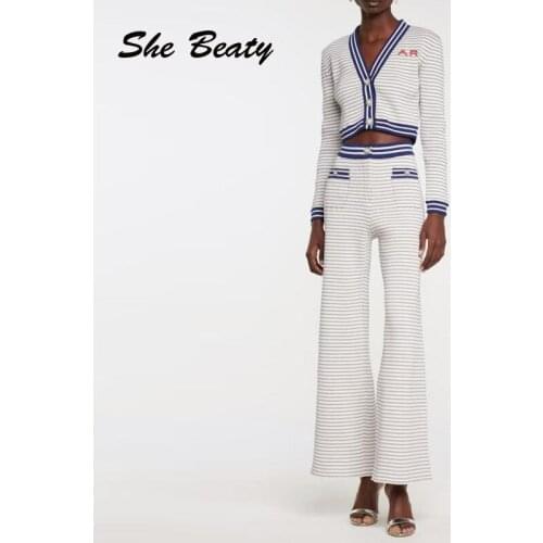 She Beaty 2021 Autumn Winter Clothing Sweater Cardigan Set Women Casual Letter Striped Long Sleeve Elegant Vintage Y2k Pant Suit