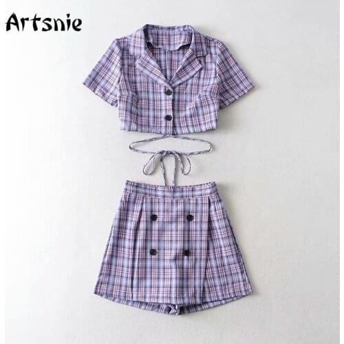 Artsnie Vintage Plaid Womens Suit Crop Tops And High Waist Skirts Shorts Set Tracksuit Streetwear Casual Two Piece Set Outfit