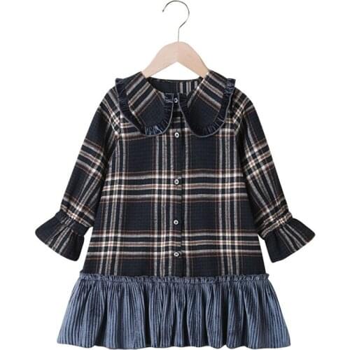 2021 Girls Dress Baby Kids Cute Dresses Long Sleeve Black Plaid Button Fashion Princess Childrens Dress Vestido Clothes