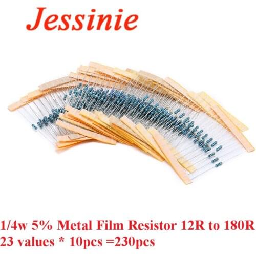 230pcs 12 ohm-180 Ohm 1/4w 5% Metal Film Resistor Resistance Assortment Kit Set 12R to 180R 23 Kinds Each 10pcs