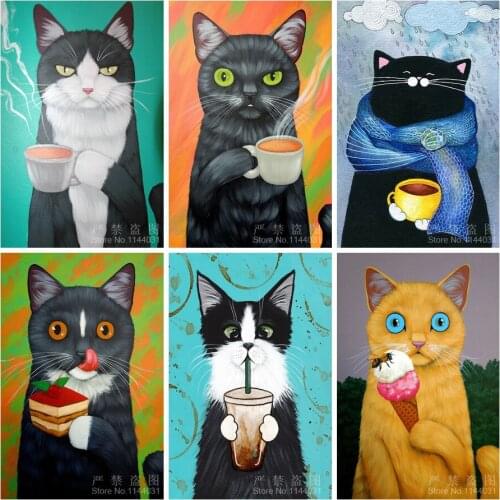 Diy 5d Diamond Painting Cross Stitch Animal Diamond Mosaic Pictures Coffee Cat Diamond Embroidery Hand Made Diamond Paintings