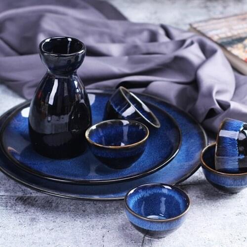 Ceramic Vintage Sake Pot Cups Sets Porcelain Blue Reactive Glaze Wine Flagon With Cups Japanese Sake Wine Sets Liquor Cup