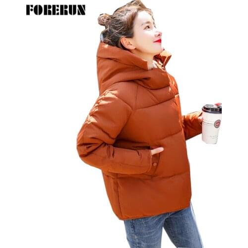 FORERUN Female Winter Jacket Solid Hooded Coat Women Autumn Slim Simple Design Oversized Bubble Coat Kurtka Zimowa Damska