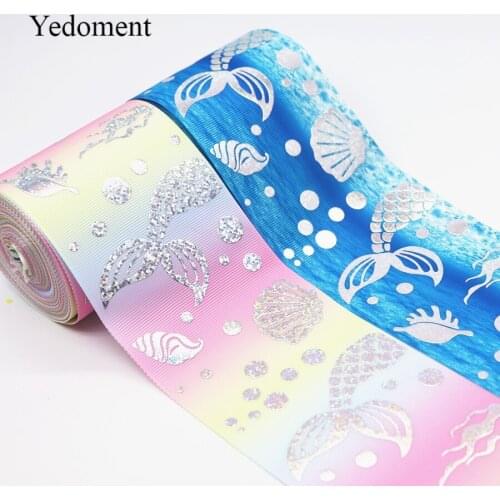 10 Yards 3" 75MM Grosgrain Ribbon Laser Silver Mermaid Printed Ribbon For Hair Bows DIY Crafts Handmade Accessories M19043002