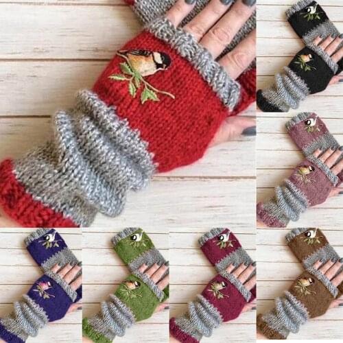 Cute Warm Stitching Embroidery Exposed Finger Womens Gloves Winter Autumn Warm Knitted For Women Fingerless Gloves Wrist
