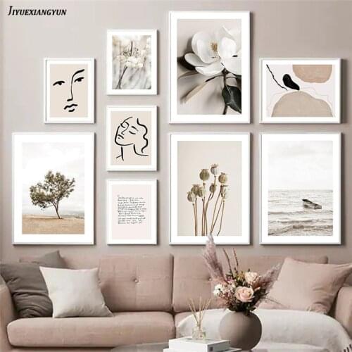 Wall Decor Flower Wall Art Print Nordic Abstract Line Drawing Canvas Painting Landscape Poster Beige Picture Home Decoration