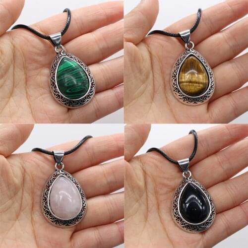 Fine Charms Crystal Necklace Water Drop Malachite Antique Silver Alloy Base Necklace for Women Man Reiki Heal Pendant Jewelry