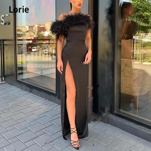 LORIE Black Feathers Evening Dress Mermaid Long 2020 Sleeveless Formal Evening Gowns Prom Party Dress with Split Plus Size