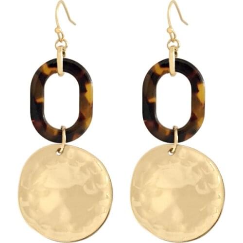 Casual Gold Color Hammered Eeffect Disc with Marble Oval Linked Drop Earrings For Women Girl Elegant Casual Jewelry Accessory