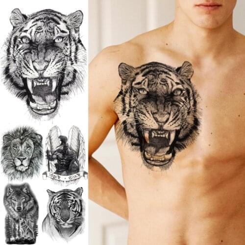 Realistic Black Tiger Temporary Tattoos For Men Adult Chest Lion Wolf Wings Fake Tattoo Fashion Washable Half Sleeve Tatoo Decal