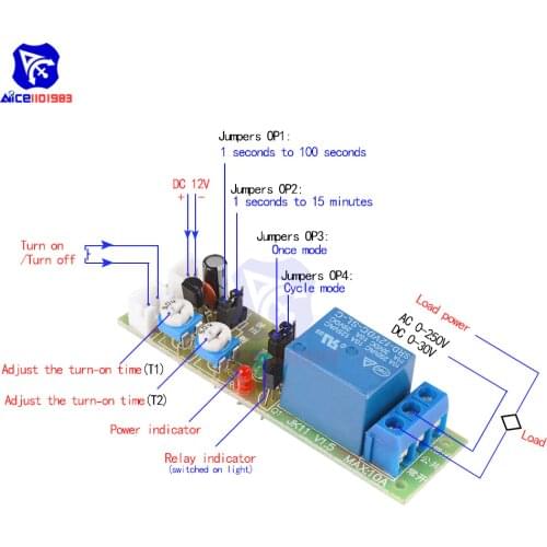Diymore JK11 Adjustable Cycle Timer Delay On/Off Switch Relay Module DC 5V 12V 24V Timer Relay Module 0 -15m / 0-60m with Cable