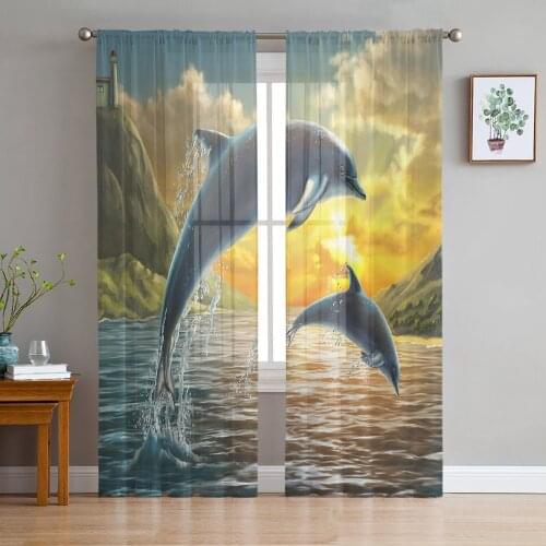 Sunset Sea Animals Dolphins Window Treatment Tulle Modern Sheer Curtains for Kitchen Living Room the Bedroom Curtains Decoration